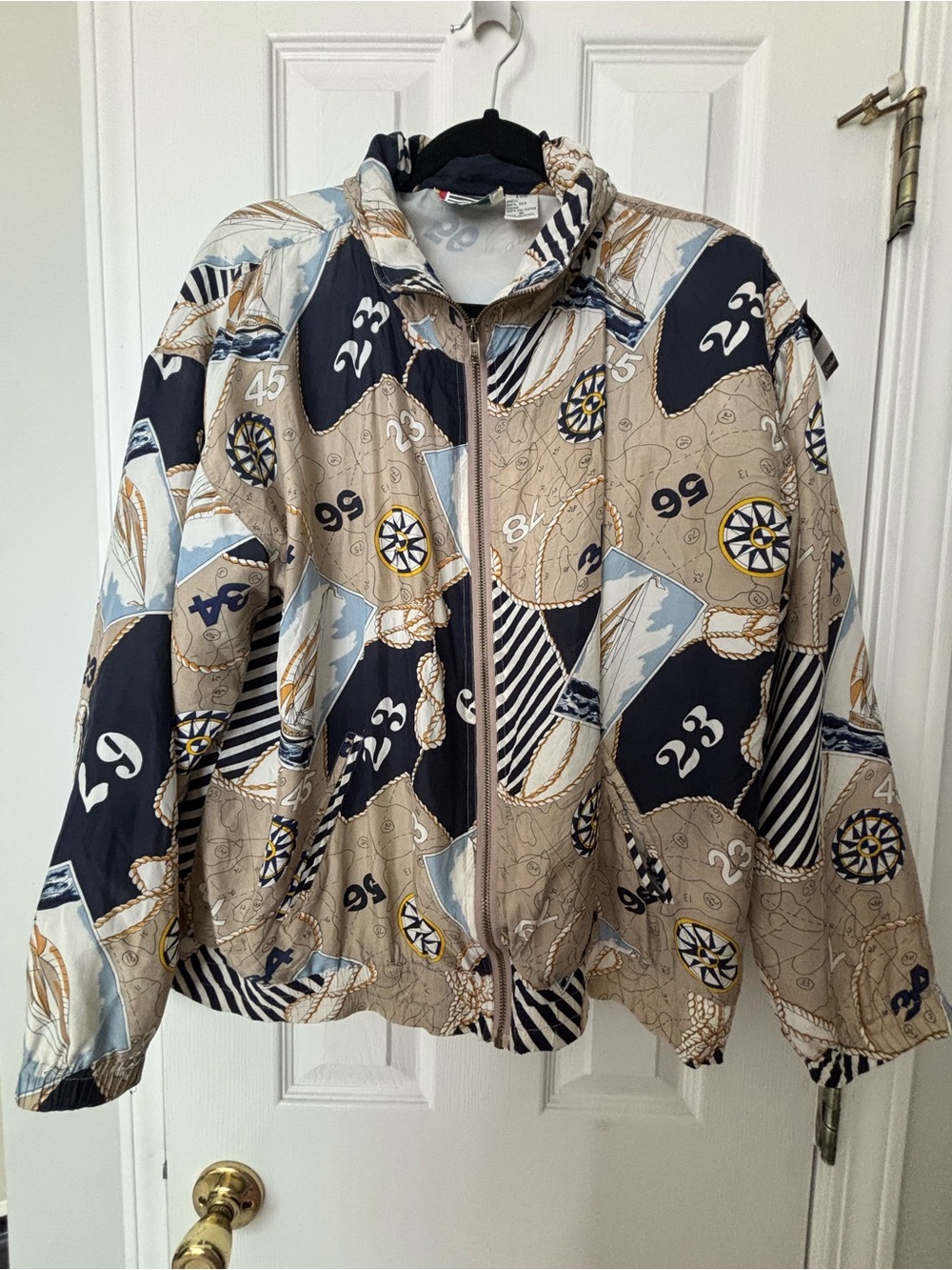 Woman’s Nautical Coastal Zip Jacket in Beige & Navy Vintage EVR 100% Silk Bomber